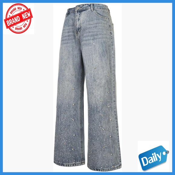 Rhinestone Streetwear Denim Pants Baggy Straight Leg Unisex Jeans